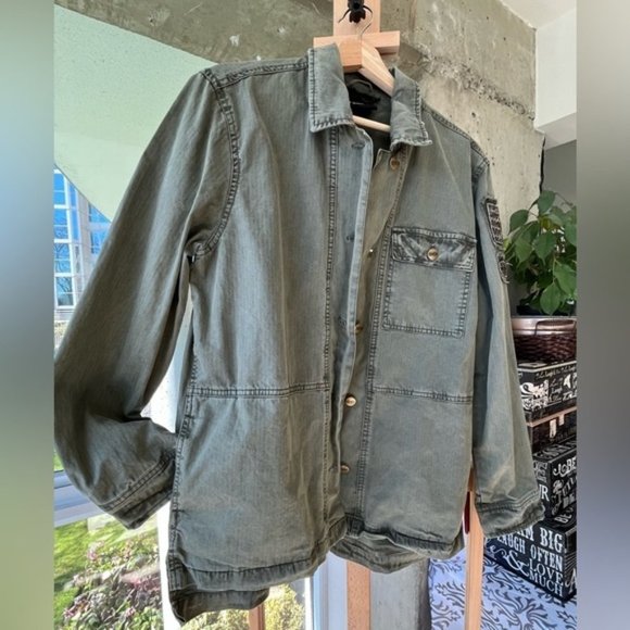 Nanette Lapore army green military style denim jacket with beaded crests - Picture 2 of 11